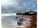 Barques sur la plage, Pastel gras sur toile